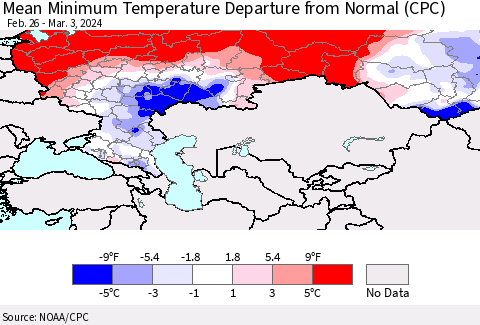 Russian Federation Mean Minimum Temperature Departure from Normal (CPC) Thematic Map For 2/26/2024 - 3/3/2024