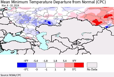 Russian Federation Mean Minimum Temperature Departure from Normal (CPC) Thematic Map For 3/4/2024 - 3/10/2024