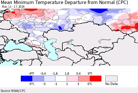 Russian Federation Mean Minimum Temperature Departure from Normal (CPC) Thematic Map For 3/11/2024 - 3/17/2024