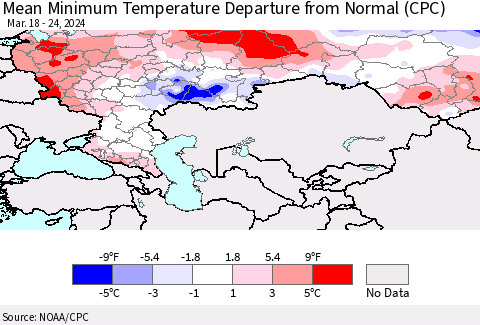 Russian Federation Mean Minimum Temperature Departure from Normal (CPC) Thematic Map For 3/18/2024 - 3/24/2024