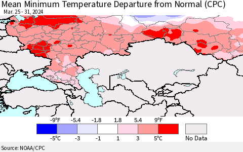 Russian Federation Mean Minimum Temperature Departure from Normal (CPC) Thematic Map For 3/25/2024 - 3/31/2024