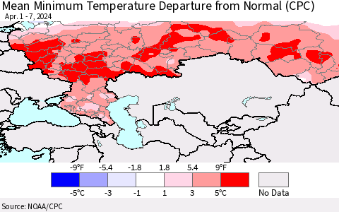 Russian Federation Mean Minimum Temperature Departure from Normal (CPC) Thematic Map For 4/1/2024 - 4/7/2024