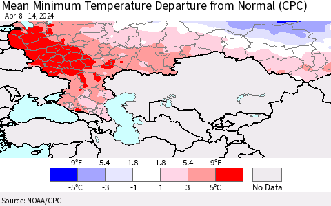 Russian Federation Mean Minimum Temperature Departure from Normal (CPC) Thematic Map For 4/8/2024 - 4/14/2024