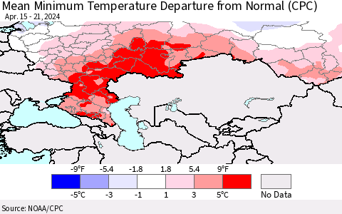 Russian Federation Mean Minimum Temperature Departure from Normal (CPC) Thematic Map For 4/15/2024 - 4/21/2024