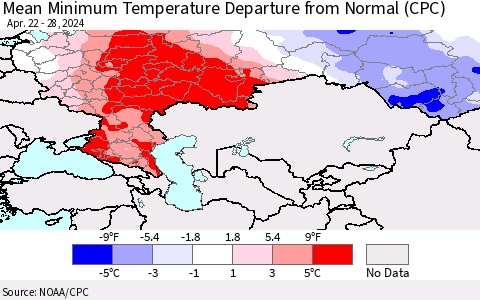 Russian Federation Mean Minimum Temperature Departure from Normal (CPC) Thematic Map For 4/22/2024 - 4/28/2024