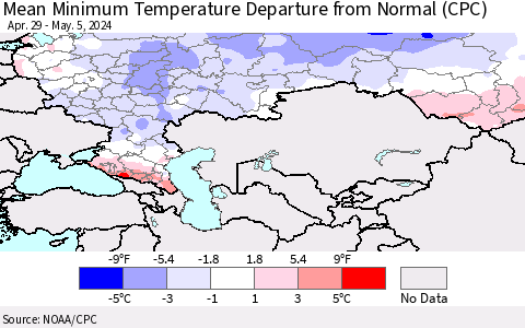 Russian Federation Mean Minimum Temperature Departure from Normal (CPC) Thematic Map For 4/29/2024 - 5/5/2024
