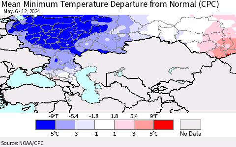 Russian Federation Mean Minimum Temperature Departure from Normal (CPC) Thematic Map For 5/6/2024 - 5/12/2024