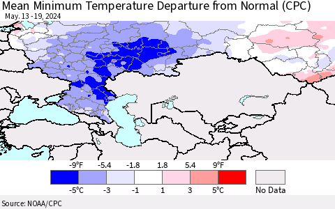 Russian Federation Mean Minimum Temperature Departure from Normal (CPC) Thematic Map For 5/13/2024 - 5/19/2024