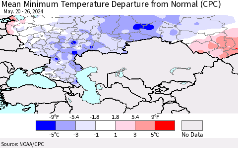 Russian Federation Mean Minimum Temperature Departure from Normal (CPC) Thematic Map For 5/20/2024 - 5/26/2024
