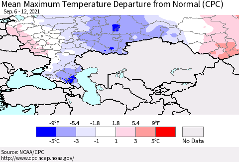Russian Federation Mean Maximum Temperature Departure from Normal (CPC) Thematic Map For 9/6/2021 - 9/12/2021