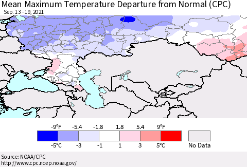 Russian Federation Mean Maximum Temperature Departure from Normal (CPC) Thematic Map For 9/13/2021 - 9/19/2021