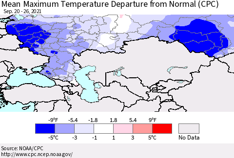 Russian Federation Mean Maximum Temperature Departure from Normal (CPC) Thematic Map For 9/20/2021 - 9/26/2021