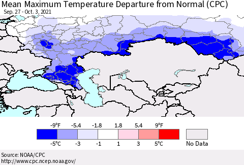 Russian Federation Mean Maximum Temperature Departure from Normal (CPC) Thematic Map For 9/27/2021 - 10/3/2021