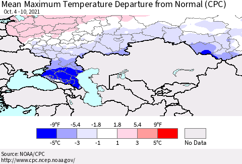 Russian Federation Mean Maximum Temperature Departure from Normal (CPC) Thematic Map For 10/4/2021 - 10/10/2021