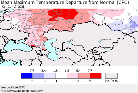 Russian Federation Mean Maximum Temperature Departure from Normal (CPC) Thematic Map For 10/11/2021 - 10/17/2021