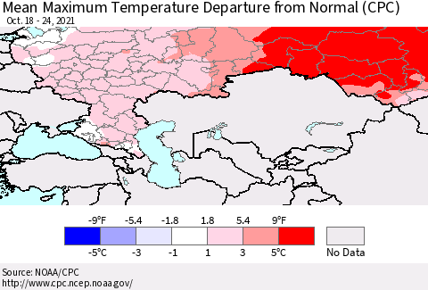 Russian Federation Mean Maximum Temperature Departure from Normal (CPC) Thematic Map For 10/18/2021 - 10/24/2021