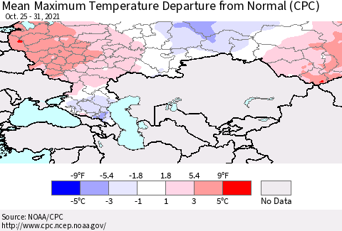 Russian Federation Mean Maximum Temperature Departure from Normal (CPC) Thematic Map For 10/25/2021 - 10/31/2021