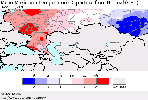 Russian Federation Mean Maximum Temperature Departure from Normal (CPC) Thematic Map For 11/1/2021 - 11/7/2021