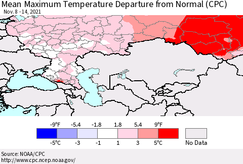 Russian Federation Mean Maximum Temperature Departure from Normal (CPC) Thematic Map For 11/8/2021 - 11/14/2021