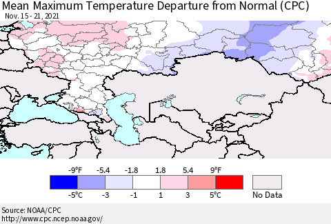 Russian Federation Mean Maximum Temperature Departure from Normal (CPC) Thematic Map For 11/15/2021 - 11/21/2021