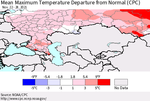Russian Federation Mean Maximum Temperature Departure from Normal (CPC) Thematic Map For 11/22/2021 - 11/28/2021
