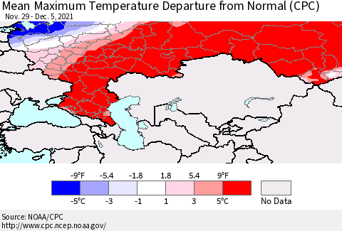 Russian Federation Mean Maximum Temperature Departure from Normal (CPC) Thematic Map For 11/29/2021 - 12/5/2021