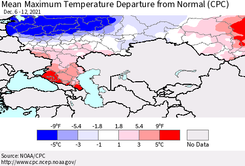 Russian Federation Mean Maximum Temperature Departure from Normal (CPC) Thematic Map For 12/6/2021 - 12/12/2021