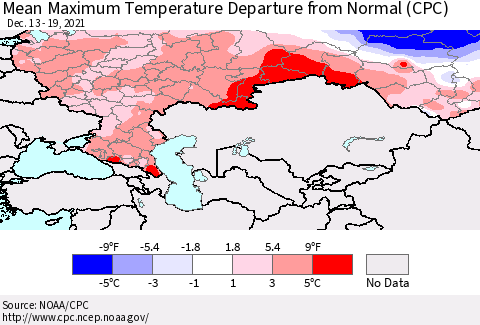 Russian Federation Mean Maximum Temperature Departure from Normal (CPC) Thematic Map For 12/13/2021 - 12/19/2021
