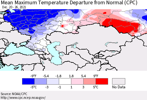 Russian Federation Mean Maximum Temperature Departure from Normal (CPC) Thematic Map For 12/20/2021 - 12/26/2021