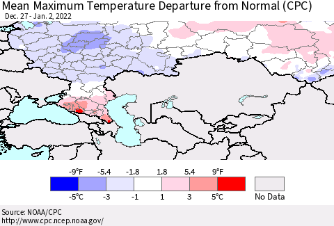 Russian Federation Mean Maximum Temperature Departure from Normal (CPC) Thematic Map For 12/27/2021 - 1/2/2022