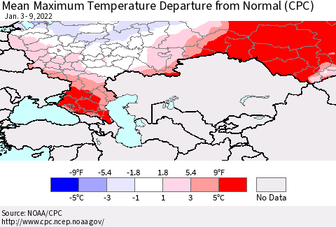 Russian Federation Mean Maximum Temperature Departure from Normal (CPC) Thematic Map For 1/3/2022 - 1/9/2022