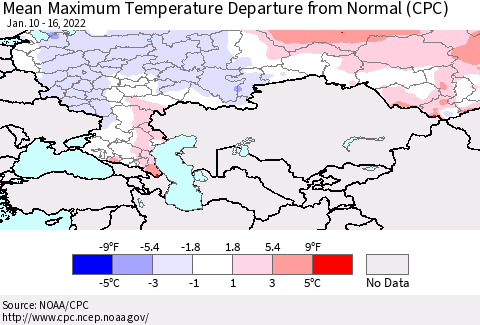 Russian Federation Mean Maximum Temperature Departure from Normal (CPC) Thematic Map For 1/10/2022 - 1/16/2022