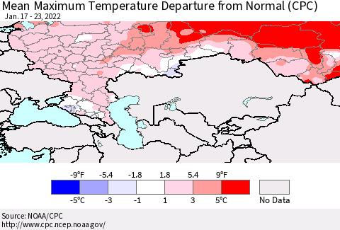 Russian Federation Mean Maximum Temperature Departure from Normal (CPC) Thematic Map For 1/17/2022 - 1/23/2022