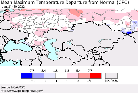 Russian Federation Mean Maximum Temperature Departure from Normal (CPC) Thematic Map For 1/24/2022 - 1/30/2022