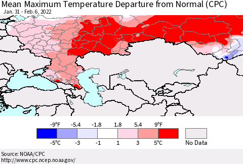 Russian Federation Mean Maximum Temperature Departure from Normal (CPC) Thematic Map For 1/31/2022 - 2/6/2022