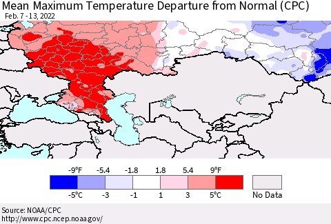 Russian Federation Mean Maximum Temperature Departure from Normal (CPC) Thematic Map For 2/7/2022 - 2/13/2022