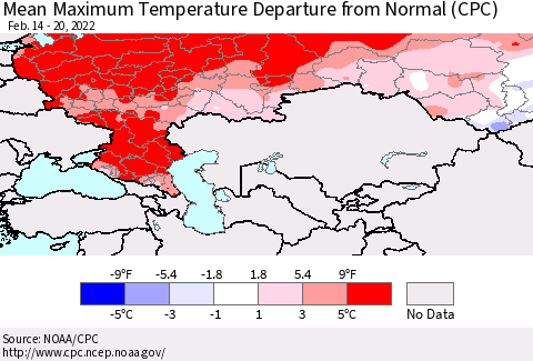 Russian Federation Mean Maximum Temperature Departure from Normal (CPC) Thematic Map For 2/14/2022 - 2/20/2022