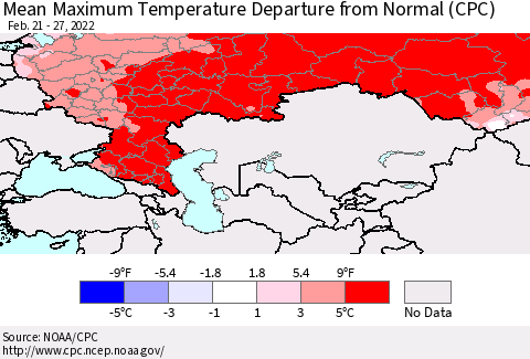 Russian Federation Mean Maximum Temperature Departure from Normal (CPC) Thematic Map For 2/21/2022 - 2/27/2022