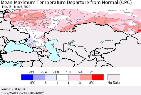 Russian Federation Mean Maximum Temperature Departure from Normal (CPC) Thematic Map For 2/28/2022 - 3/6/2022