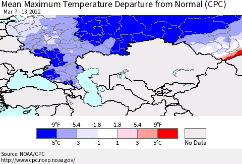 Russian Federation Mean Maximum Temperature Departure from Normal (CPC) Thematic Map For 3/7/2022 - 3/13/2022