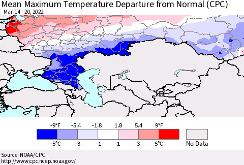 Russian Federation Mean Maximum Temperature Departure from Normal (CPC) Thematic Map For 3/14/2022 - 3/20/2022