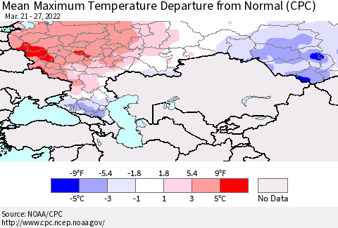 Russian Federation Mean Maximum Temperature Departure from Normal (CPC) Thematic Map For 3/21/2022 - 3/27/2022