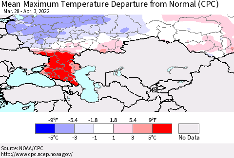 Russian Federation Mean Maximum Temperature Departure from Normal (CPC) Thematic Map For 3/28/2022 - 4/3/2022
