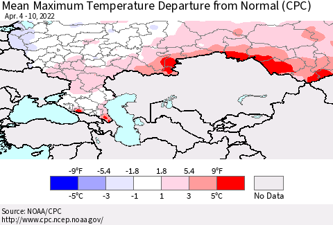 Russian Federation Mean Maximum Temperature Departure from Normal (CPC) Thematic Map For 4/4/2022 - 4/10/2022