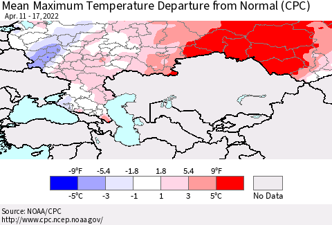 Russian Federation Mean Maximum Temperature Departure from Normal (CPC) Thematic Map For 4/11/2022 - 4/17/2022