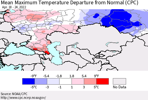 Russian Federation Mean Maximum Temperature Departure from Normal (CPC) Thematic Map For 4/18/2022 - 4/24/2022