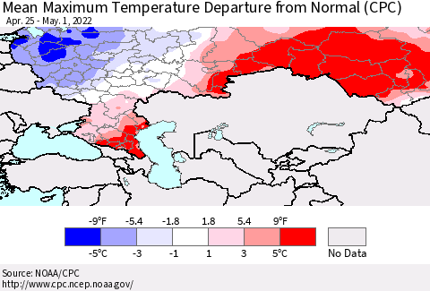 Russian Federation Mean Maximum Temperature Departure from Normal (CPC) Thematic Map For 4/25/2022 - 5/1/2022