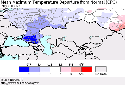 Russian Federation Mean Maximum Temperature Departure from Normal (CPC) Thematic Map For 5/2/2022 - 5/8/2022