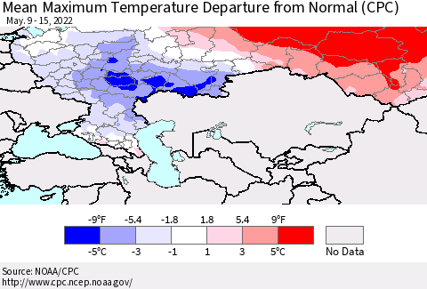 Russian Federation Mean Maximum Temperature Departure from Normal (CPC) Thematic Map For 5/9/2022 - 5/15/2022