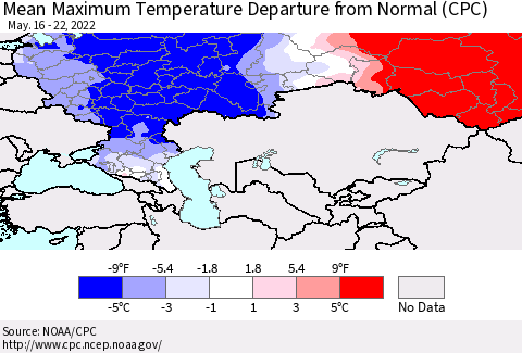 Russian Federation Mean Maximum Temperature Departure from Normal (CPC) Thematic Map For 5/16/2022 - 5/22/2022